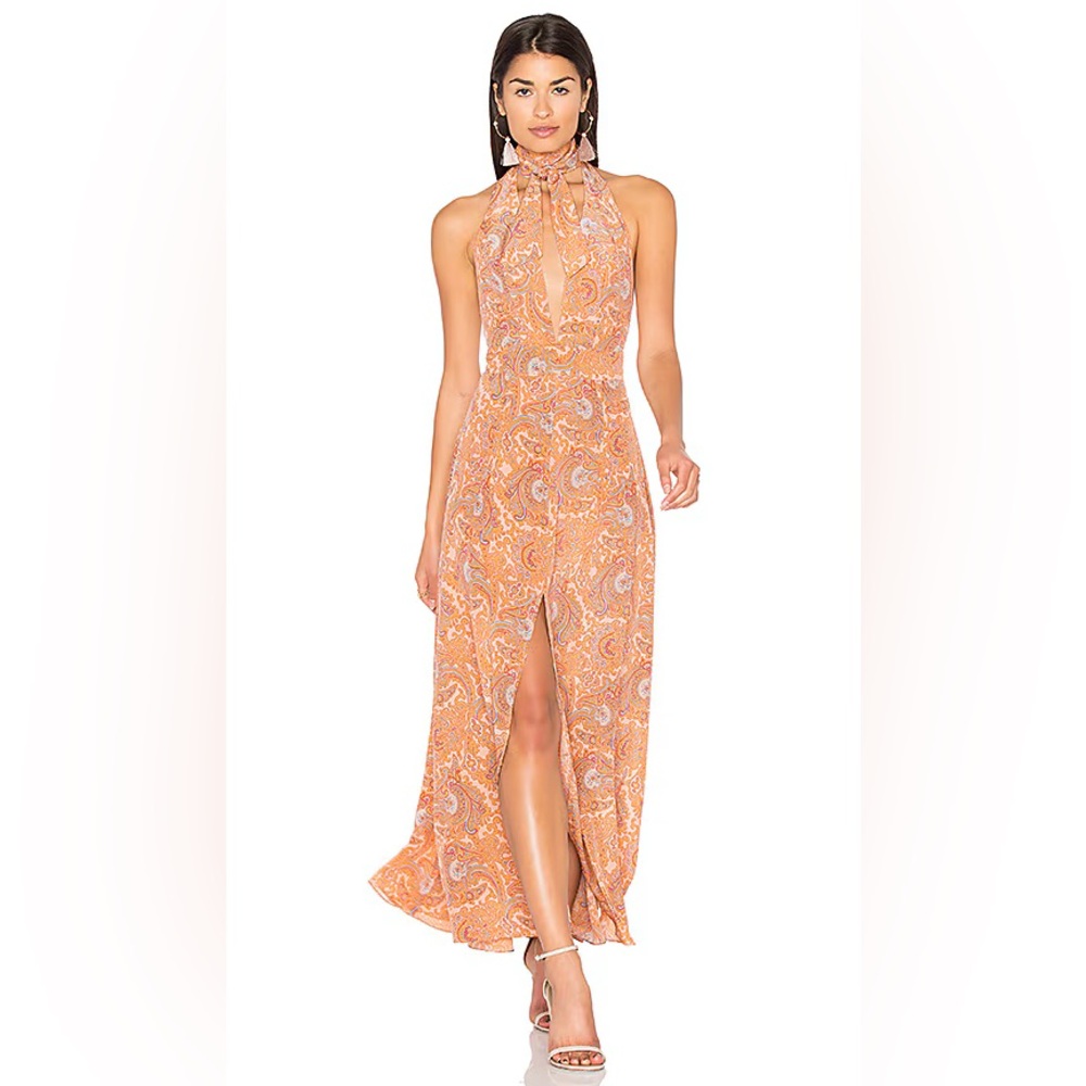 MAJORELLE Frontier Paisley Print Orange Chiffon Plunge Halter Maxi Dress EUC S